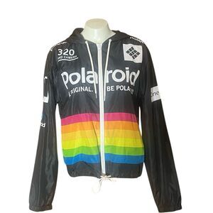 Polaroid Black Logo Windbreaker Zip Up Hooded Jacket Sz